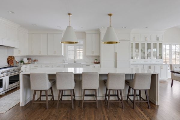 Kitchen island with seating for five, and luxurious hanging light fixtures centered above