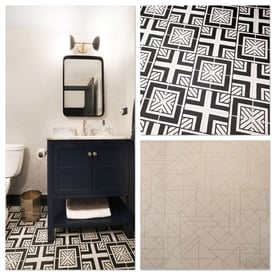 Four separate pictures highlighting the decor used in a basement guest/half bathroom