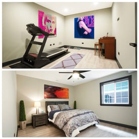 Two pictures on top of one another, one is of a home workout room/gym with a treadmill and the other is of an extra guest bedroom with a queen bed