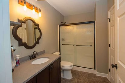 Full bathroom in a finished basement with a toilet, single vanity, and a walk-in shower