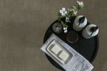 Top down view of 2 bars of soap, two soap dispensers, and a white flower resting on a bathroom table as though it were at a spa/salon