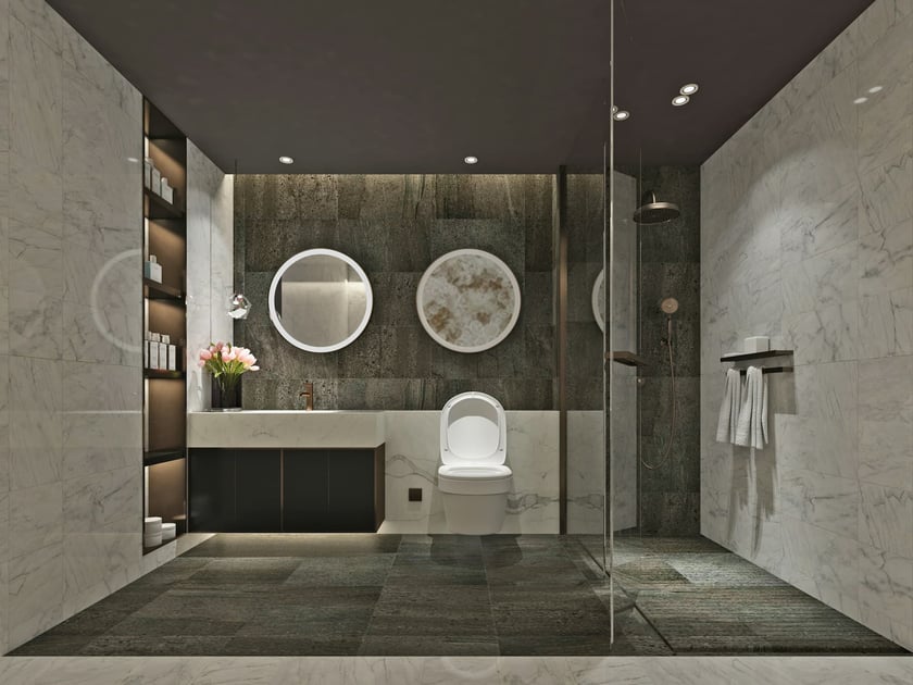 Frameless and doorless walk in shower in a bathroom
