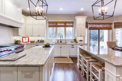 kitchen with a double island and bar stools for seating