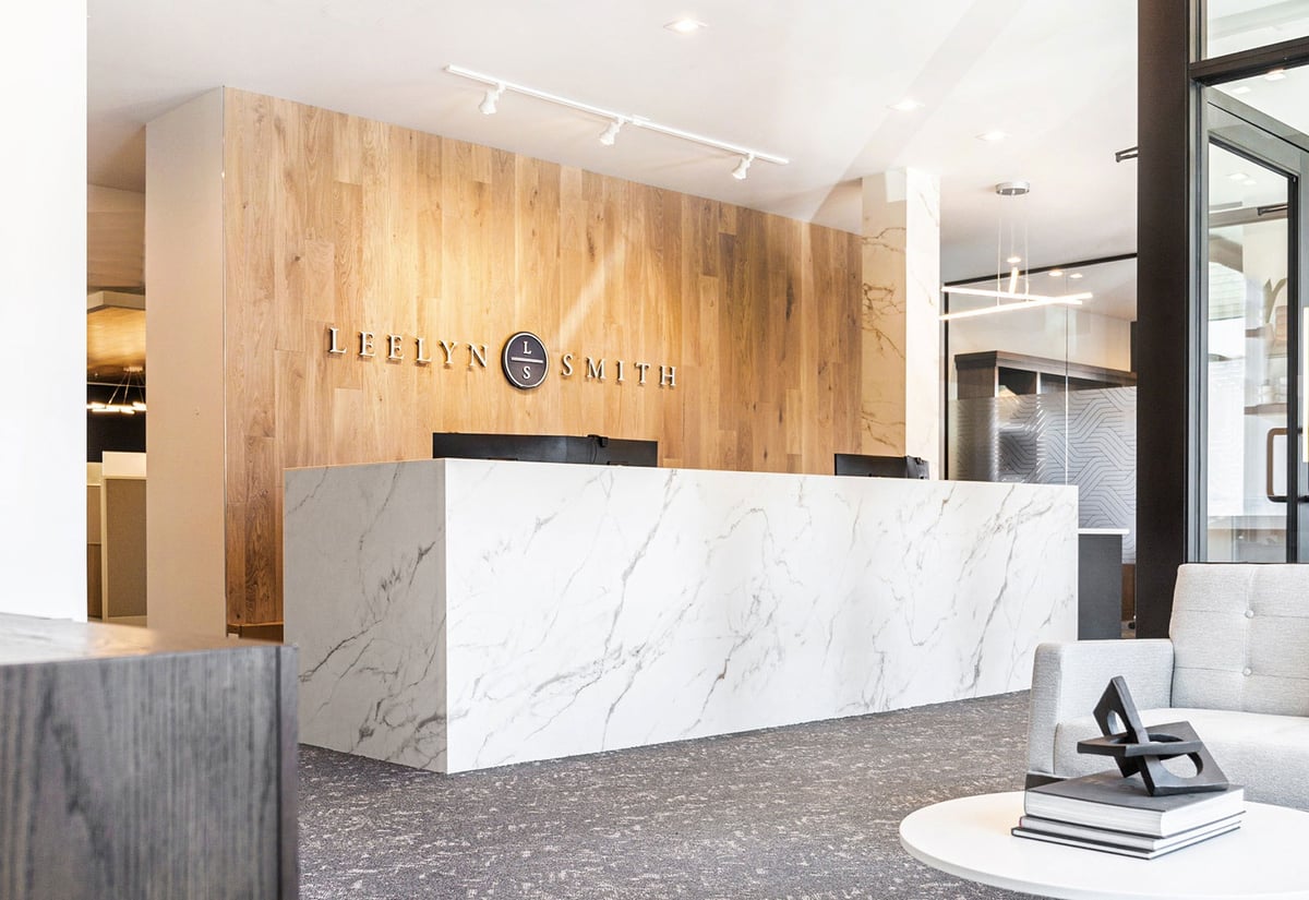 Reception desk at the remodeled Leelyn Smith business
