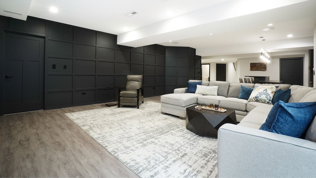 Luxury basement with a family room and home theatre