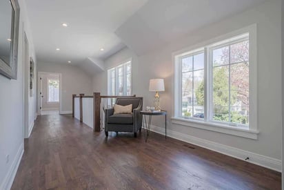 Second story landing with can lighting, hard wood floors, and a reading nook