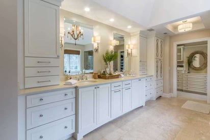 Elegant and pure bathroom remodel with double vanity and lots of storage cabinets and drawers